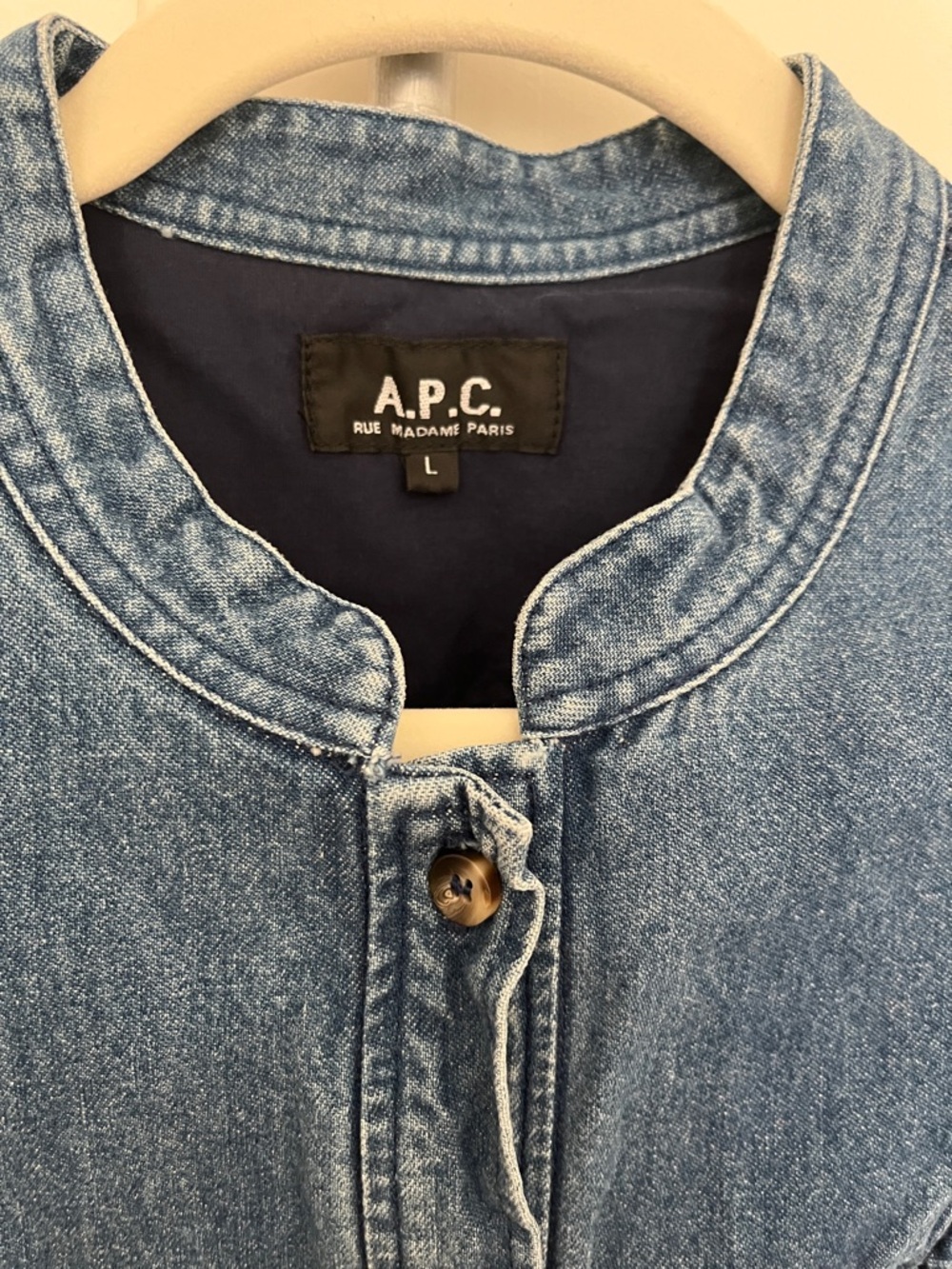 A.P.C. Ruffle-Trim Denim Button-Up Top - Medium Blue - Picture 3 of 4